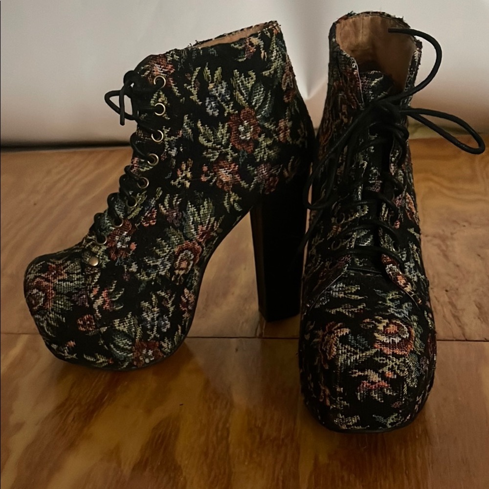 Jeffrey Campbell Havana Last Vintage Vibe Floral Lace-Up Platform Ankle Boots 7